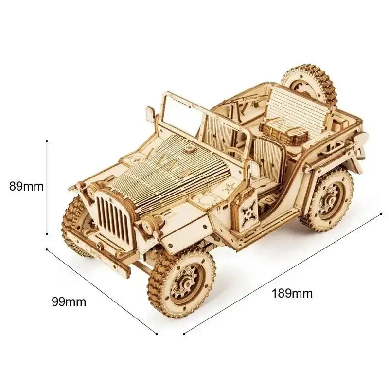 3D wooden puzzle model toys of a detailed wooden army jeep with measurements 189mm x 99mm x 89mm.