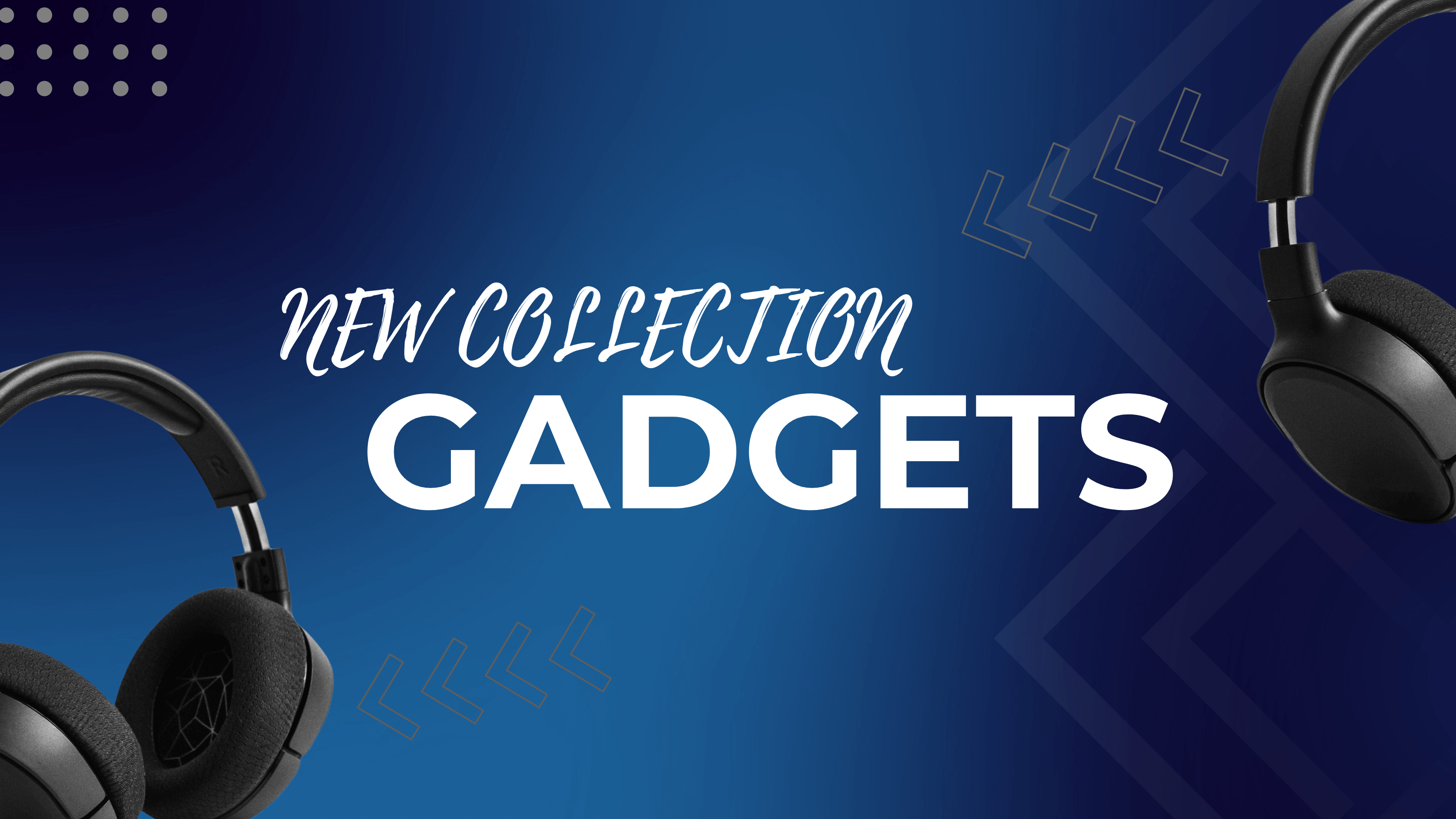 New collection of gadgets featuring stylish headphones against a blue background.