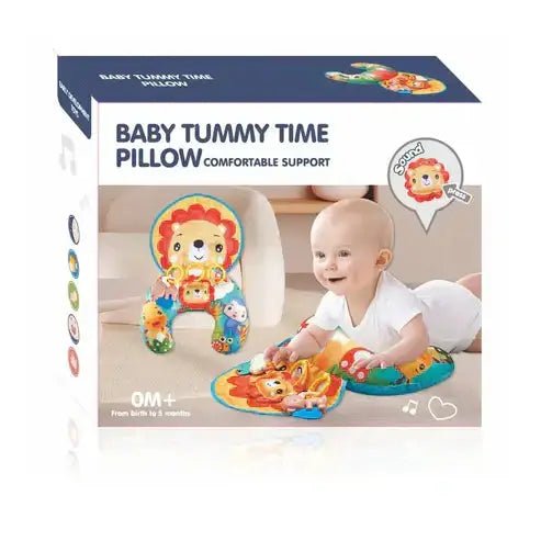 cartoon baby pillow packaging showcasing comfortable support for tummy time with cute lion design.