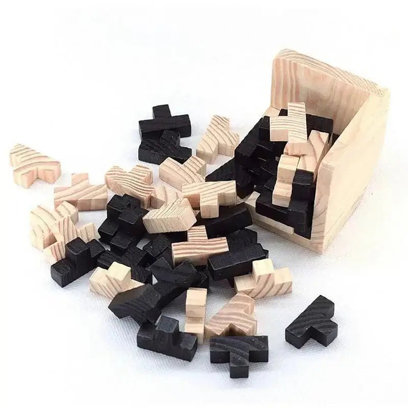 3D wooden puzzle toy pieces in wooden box, engaging educational fun for all ages.