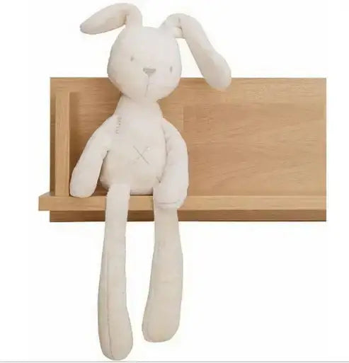 Cute bunny plush toy sitting on a shelf, featuring floppy ears and a soft, comforting texture.