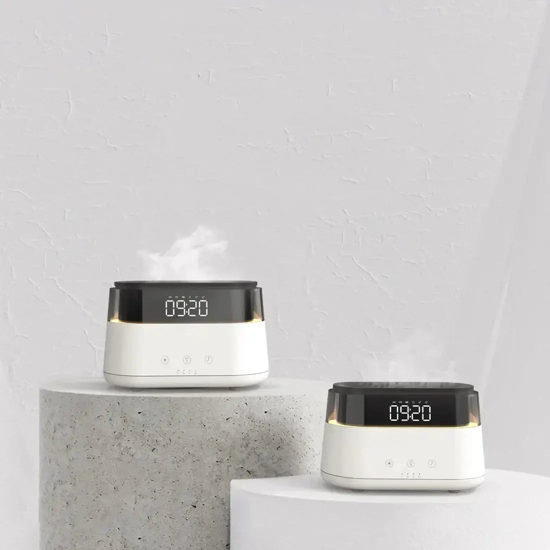 Flame humidifier with clock displaying time and mist on a modern pedestal, enhancing bedroom ambiance.