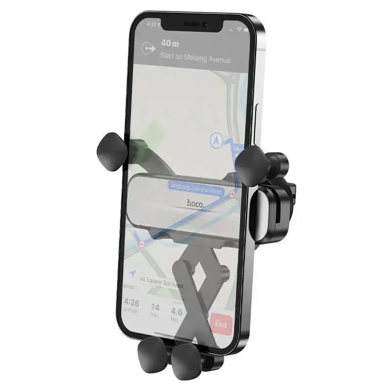 Hoco Gravity Car Mount (CA102) holding a smartphone displaying a GPS navigation map.