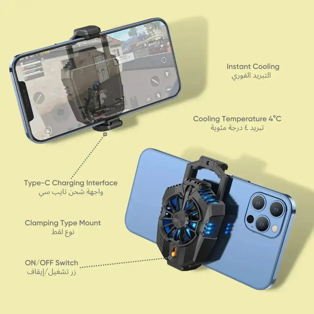 Hoco mobile phone cooler GM10 attached to smartphone for instant cooling during gaming, features Type-C interface.
