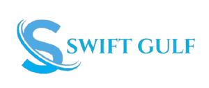 Swift Gulf logo featuring stylized waves and the name in blue text on a black background.